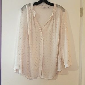 Liz Claiborne L sheer white gold polka dot ls top